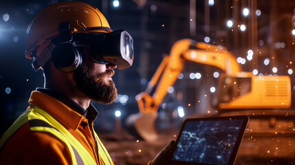 A construction worker using virtual reality technology to enhance safety and efficiency on job sites with modern machinery.
