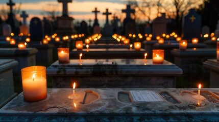 Candlelit Serenity at All Saints Day, a tranquil cemetery illuminated by flickering candles, honoring memories under a starlit sky, evoking reflection and peace.