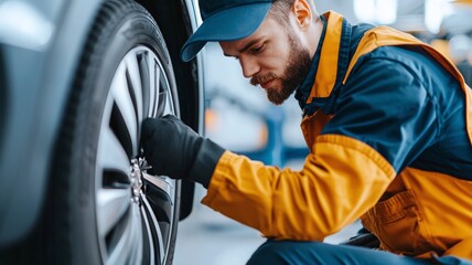 A mechanic working diligently on a car wheel, showcasing expertise and focus on tire maintenance and repair.