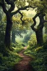 Fototapeta premium Enchanting Primeval Forest with Towering Ancient Oaks Verdant Undergrowth and Meandering Dirt Path Through a Hidden Creek Captured with Cinematic Lighting and a Sense of Wonder and Adventure