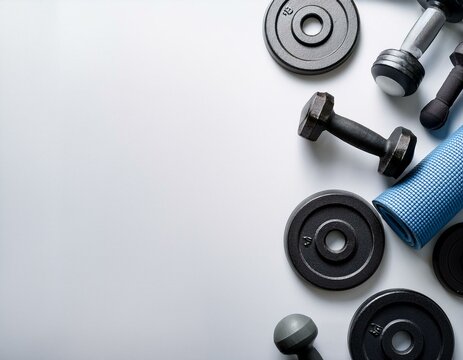flat lay of fitness equipment including weights on a white surface and background with copy space