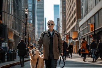 A man confidently walks through a bustling city street with his guide dog on a sunny afternoon, showcasing independence and trust