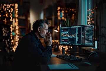 Middle-aged man works late into the night in a cozy home office, analyzing data on a computer screen illuminated by soft lights