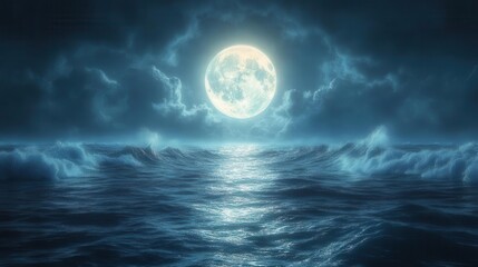 moonlit ocean landscape showcasing a bright full moon illuminating the serene sea with gentle waves reflecting the luminous light creating a peaceful and mystical ambiance