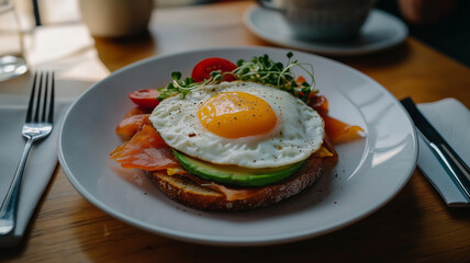 A delicious breakfast featuring sunny side up egg on toast with fresh vegetables