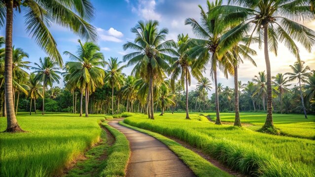 Path through lush green field with palm trees in background