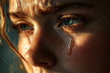 Fototapeta premium close up of the face of a young woman with tears on her cheek.generative ai