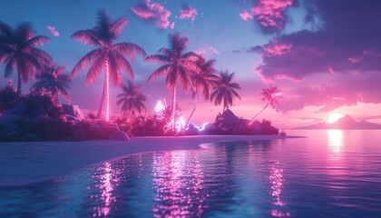 Island beach exploration with glowing holographic navigation tools in a neon-lit resort  Futuristic  Neon  High Detail