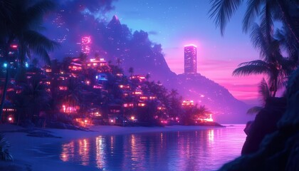 Obraz premium Island beach exploration with glowing holographic navigation tools in a neon-lit resort Futuristic Neon High Detail