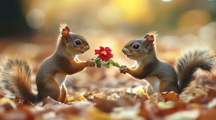 Two squirrels share a moment in a forest setting with fall colors, a red flower, and fallen leaves.