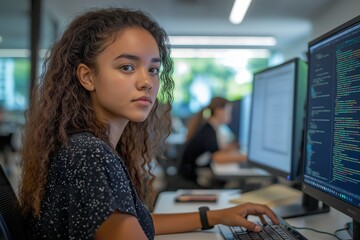 A young woman with medium-brown skin works intently at her computer during a collaborative programming session in a modern workspace