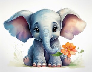 cute gray baby elephant with big eyes holding a flower