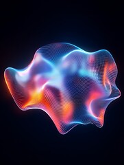 Abstract colorful wave form pattern with luminous effects on black background. A minimalist poster in metallic and chrome gradient style.