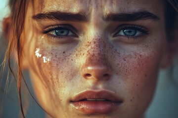close up of the face of a young woman with tears on her cheek.generative ai