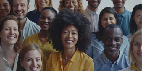 A diverse group of happy professionals in an office environment, conveying a message of inclusion and teamwork.
