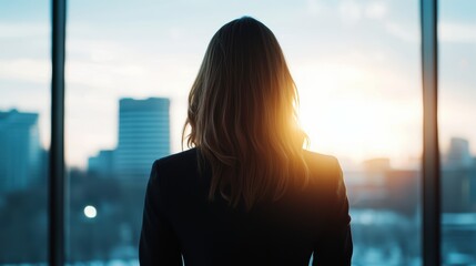 Fototapeta na wymiar Professional woman contemplating a city skyline at sunrise