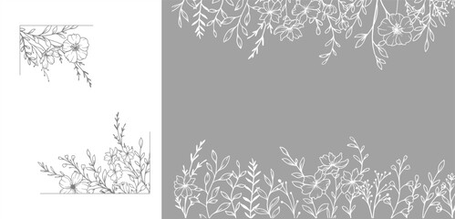 Trendy floral frames with wildflowers and leaves line art. Botanical Line Art Collection of wildflowers. Hand drawn line art graphics. Luxury Line Floral Art. Perfect for Elegant wedding invitations