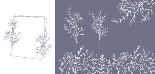 Obraz premium Trendy floral frames with wildflowers and leaves line art. Botanical Line Art Collection of wildflowers. Hand drawn line art graphics. Luxury Line Floral Art. Perfect for Elegant wedding invitations