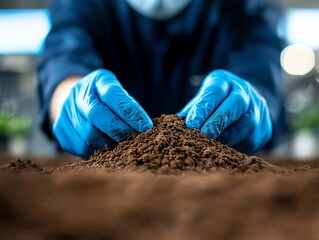 Close-up of gloved hands manipulating rich soil, showcasing the connection between humanity and nature in gardening or agriculture.