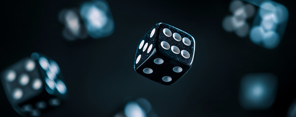 Close-up of floating dice in a dark atmosphere, capturing the essence of chance and gaming excitement.