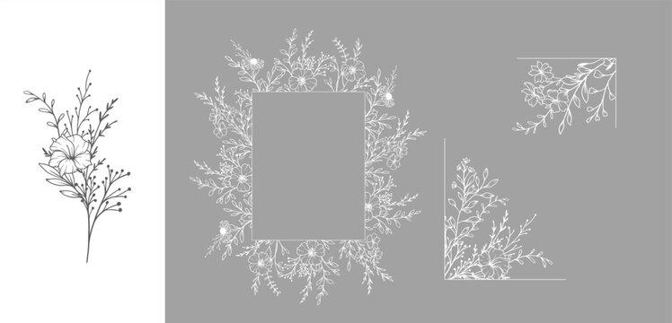 Trendy floral frames with wildflowers and leaves line art. Botanical Line Art Collection of wildflowers. Luxury Line Floral Art. Perfect for Elegant wedding invitations, trendy minimalist cards