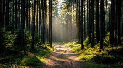 Naklejka premium Serene forest path illuminated by morning light