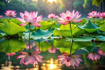 Peaceful lotus pond with blooming flowers