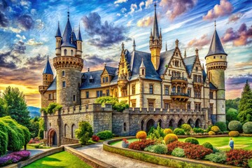 Obraz premium Detailed Castle Drawing Showcasing Architectural Elements and Historical Design in Fine Illustration Style