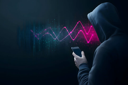 AI voice cloning concept. Smartphone and sound waves representing an AI voice scam.