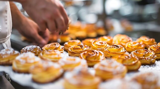 The hue of golden baked goods in a culinary demonstration