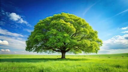 Obraz premium Peaceful spring meadow with large tree and vibrant green foliage