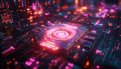 Fototapeta premium Quantum computing visualized with glowing holographic data and neon-lit interfaces Futuristic Hologram High Detail