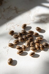 Close-up of brown seeds scattered on a white surface, illuminated by sunlight.