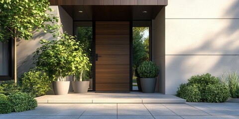 This is a high-end entrance to a modern home, featuring a stylish wooden door framed by sleek lines. The stone pathway leads to an elegant outdoor lighting fixture that complements