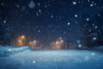 Naklejka premium Winter night landscape with falling snow
