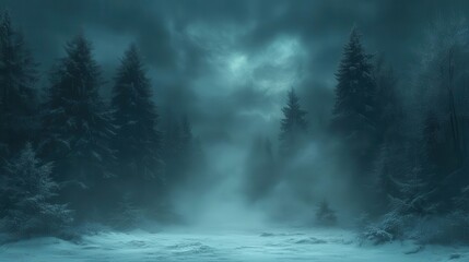mysterious winter forest enveloped in thick swirling fog where trees loom like spectral figures their branches heavy with frost creating an eerie yet mesmerizing atmosphere