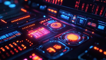 Fototapeta premium Smart devices glowing with digital controls in a futuristic workplace Futuristic Neon Minimalist