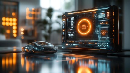 Fototapeta premium Virtual assistant device glowing with holographic controls in a futuristic smart home Futuristic Hologram Minimalist