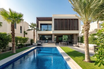 Fototapeta premium Modern villa featuring a pool and landscaped garden under clear blue skies.