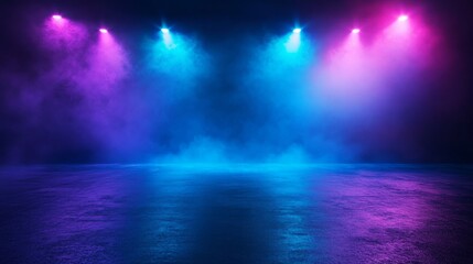 Dark street scene with pink and blue neon lights, blue smoke ai generation