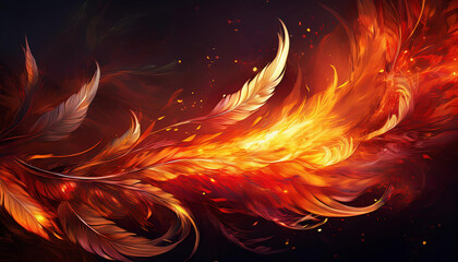Vector illustration of burning mythical phoenix feather on a dark background sparks.