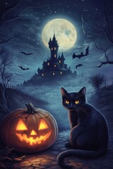 Enchanting Night with Cat and Pumpkin Near Gothic Castle