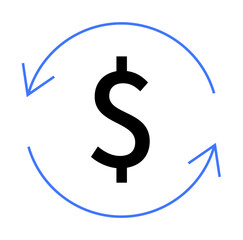 Black dollar sign in the center with two blue arrows forming a circle around it. Ideal for business, finance, payment, transactions, and economics. Simple and clean style