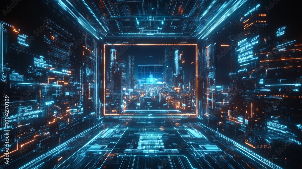 Leinwandbilder a futuristic digital landscape featuring flowing data streams and glowing circuits, creating a vibra