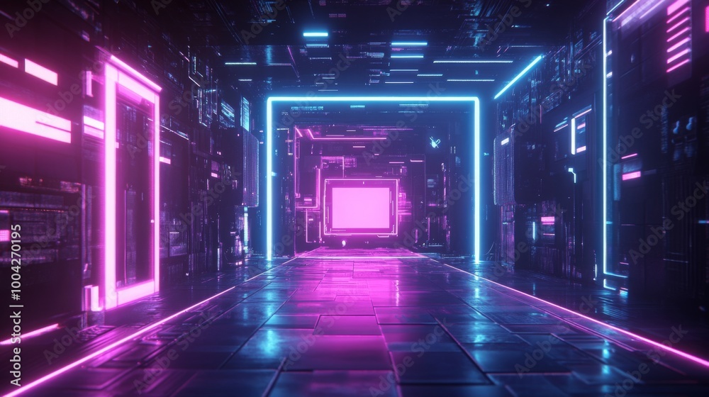 Aufkleber A futuristic corridor illuminated by colorful neon lights, creating a high-tech and immersive digital environment.