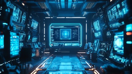 A futuristic control room filled with glowing blue screens and advanced technology, creating a high-tech atmosphere.