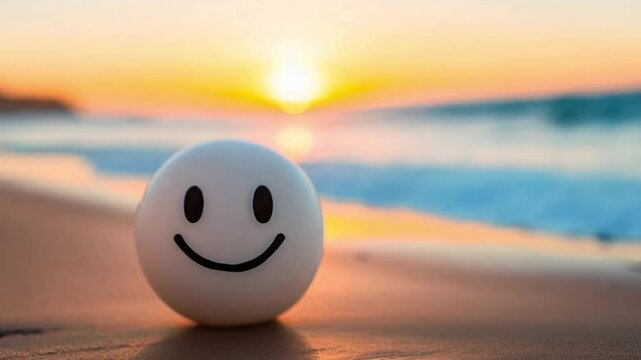 Smiling sphere on sand at serene beach sunset.