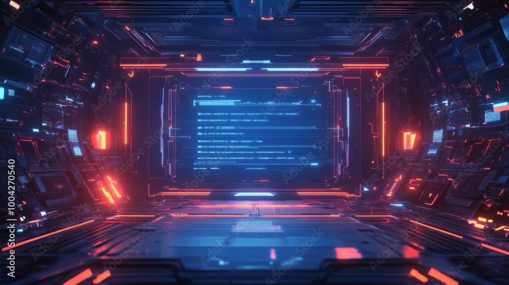 Poster a futuristic digital environment with glowing neon lights, circuit-like structures, and a prominent 