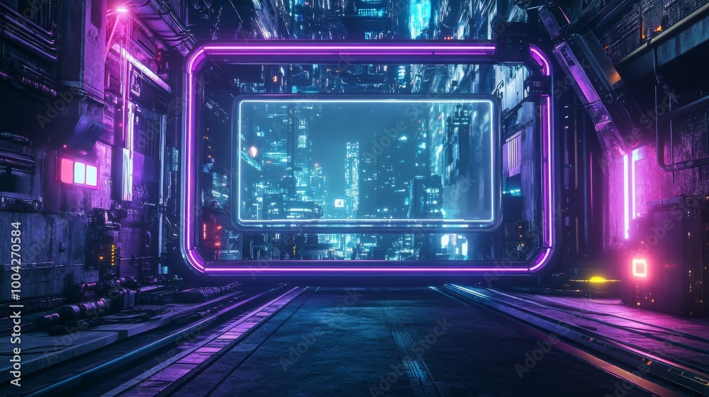 Poster a neon-lit urban scene with a futuristic screen displaying a cityscape, surrounded by a dark alleywa