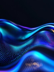 Abstract colorful waves of light creating an illusion of movement and depth against a dark background. A minimalist poster in metallic and chrome gradient style.